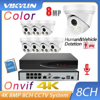 US Vikylin 4K 8MP Full Color 8CH 8POE NVR IP Camera Mic Home Security System Lot