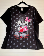 NWT Disney Tooniforms Women's XL Mickey Minnie Black V-neck Scrub Top