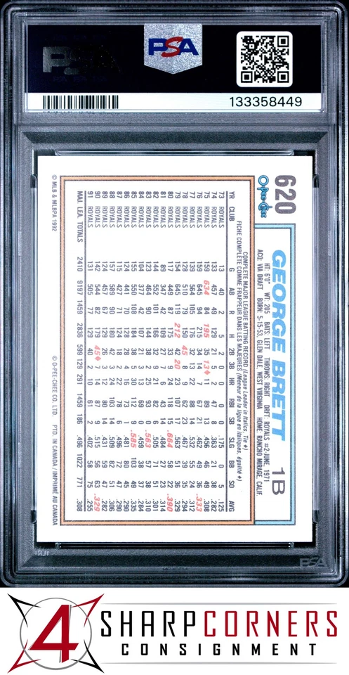 1992 O-PEE-CHEE #620 GEORGE BRETT ROYALS HOF PSA 10 - Image 2 of 3