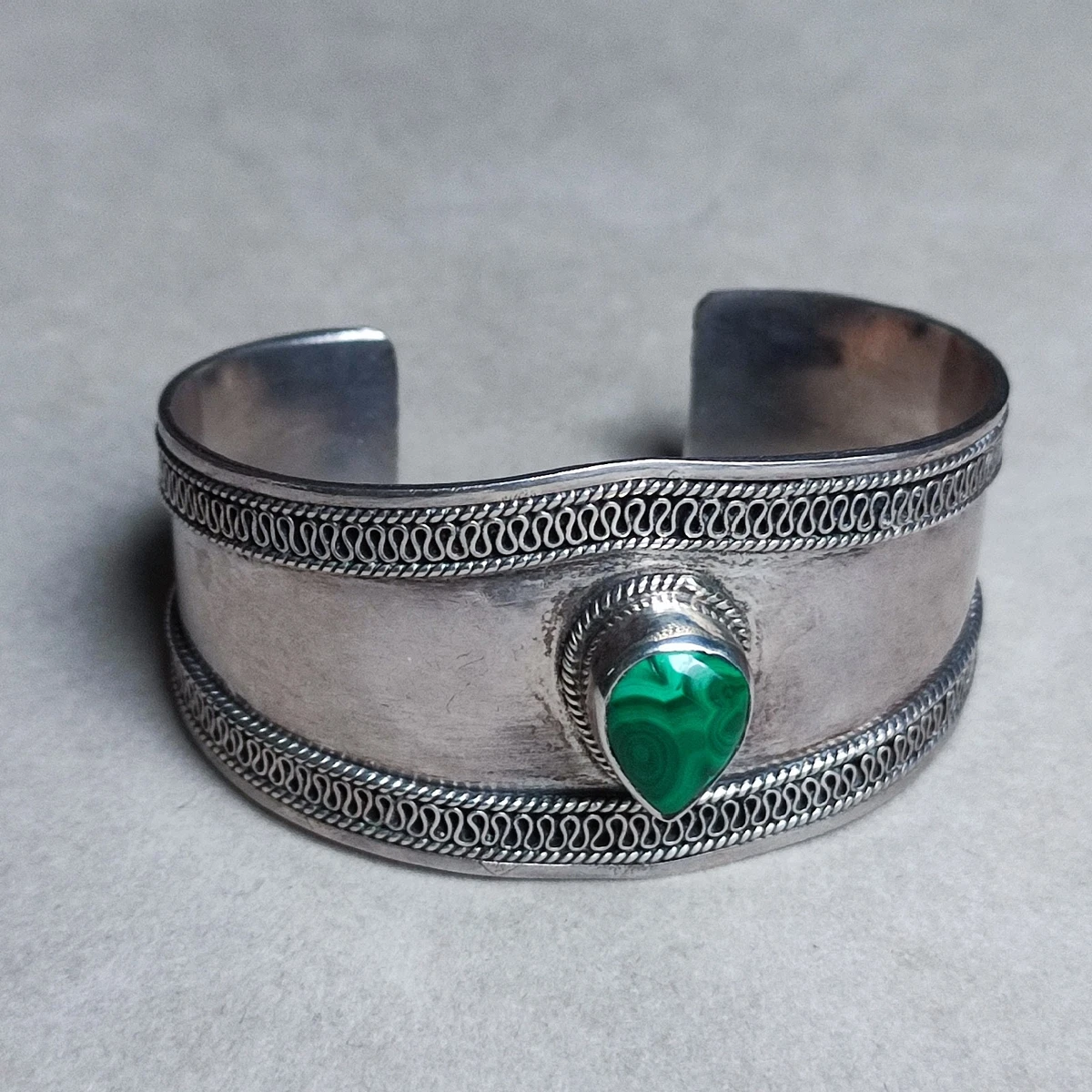 Bracelet Manchette Ancien En Argent 925 Avec Cabochon D'Ambre - Gourmette Vintage Argent Massif