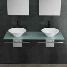 Alpenberger Keramik 2x Waschbecken Set Waschtisch Glasplatte Edelstahlkasten Bad