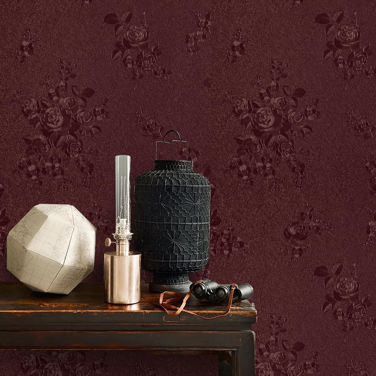 Dark Red Peel and Stick Wallpaper Floral 17.7inch x 78.7inch, Red-Floral 