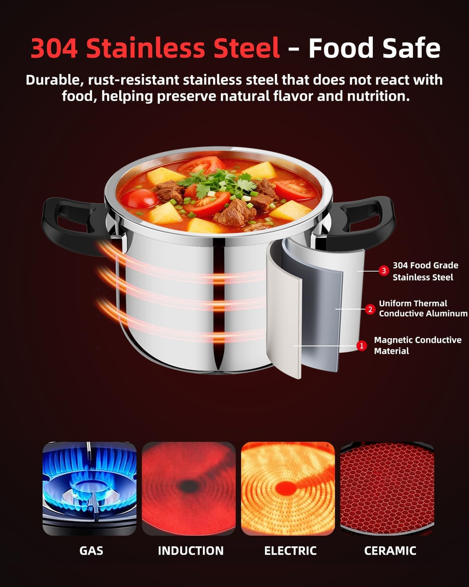 8 Qt Stainless Steel Pressure Cooker, One-Hand Locking, Fast