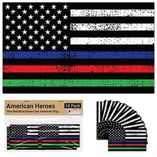 Premium Distressed Thin Red Blue Green Line Flag 3x5 Inch Decals 10 PK.
