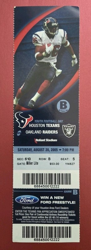 Houston Texans Oakland Raiders Football Ticket 8/20 2005 Carr TD Kerry Collins