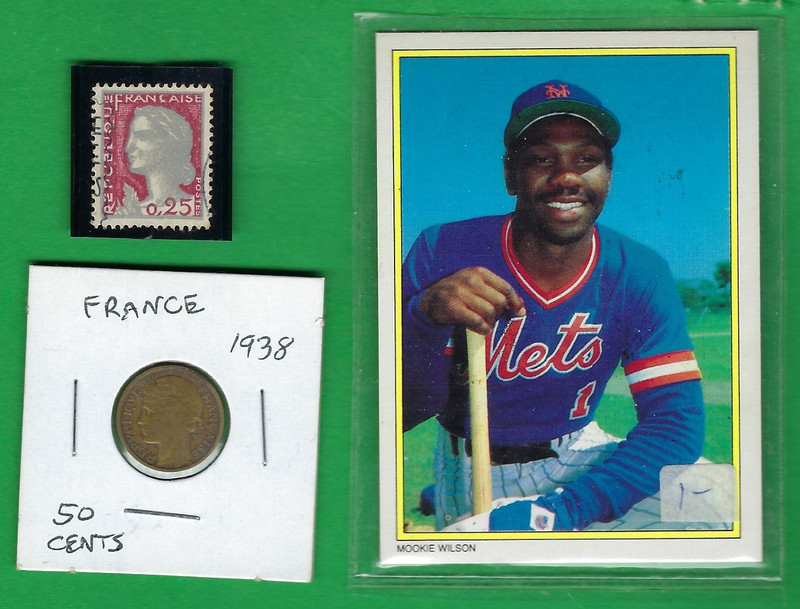 FRANCE 50 CENTIMES 1938 COIN (VERY FINE) & STAMP ~ LOT # 98 (*-*) + SPORTS CARD