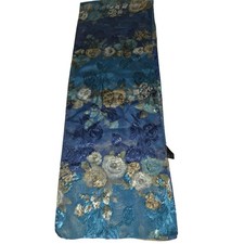 Vintage Sheer Blue Scarf with Gold Roses 59" X 10" Korea
