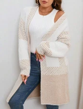 Beige & White Striped Fuzzy Cardigan M
