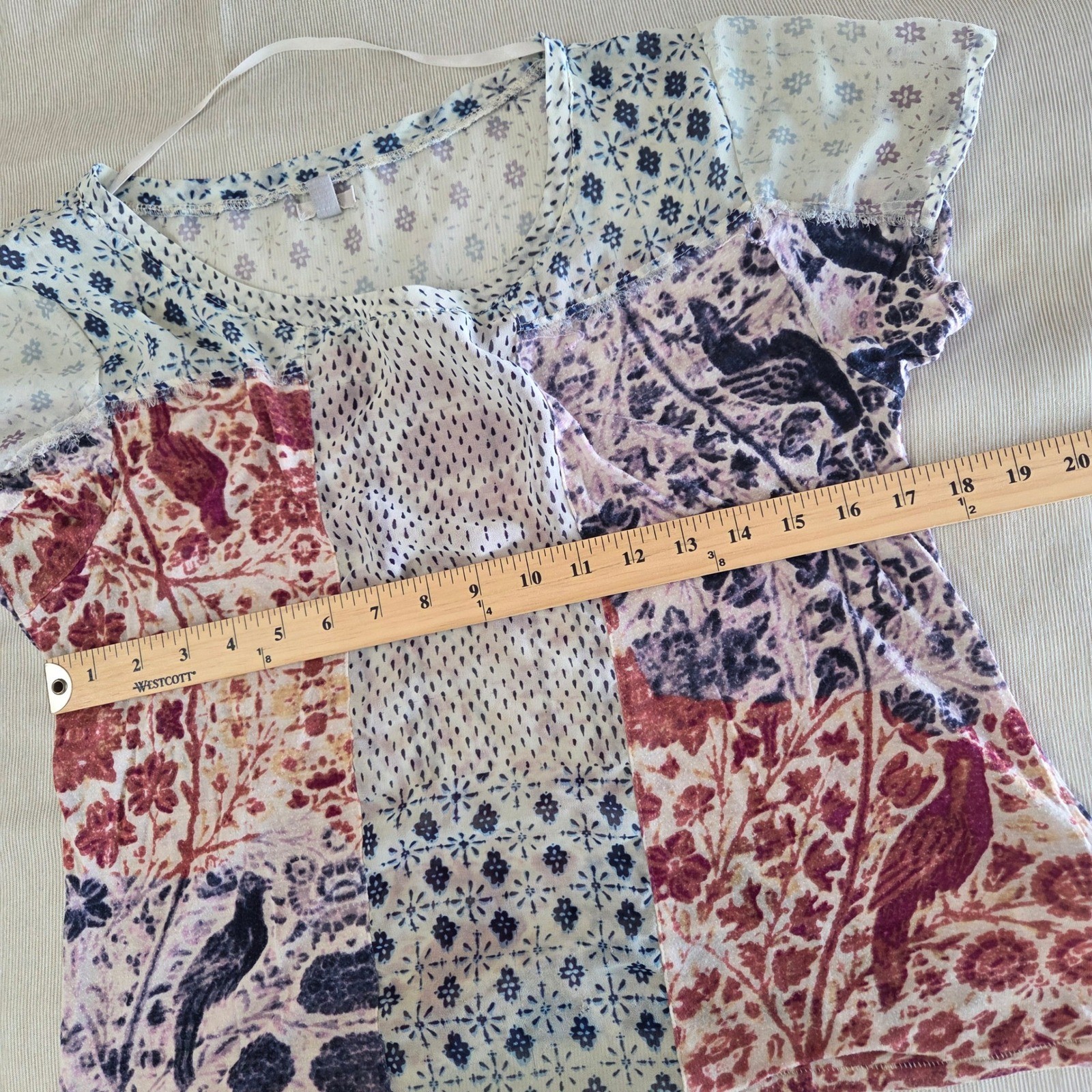 Ecote Top Small Gray Sheer Patchwork Bird Floral … - image 7