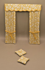 Dolls house  curtains      Yellow & white pattern - 1:12th  6" long