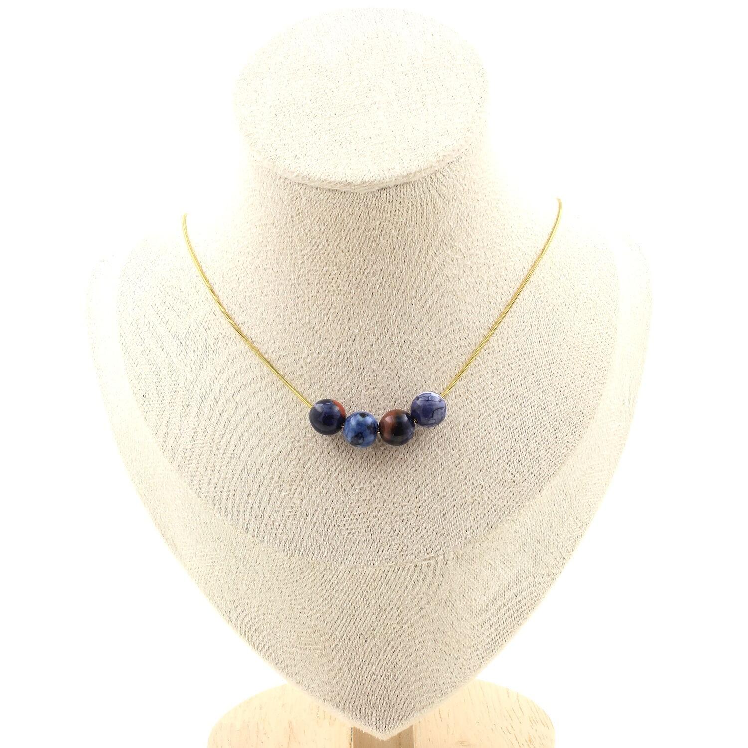 Collier en jaspe bleu 4 perles 8mm et chaine en acier inoxydable