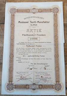 Aktie AG der Moskauer Textil Manufaktur Glarus 1911 über 500 Franken