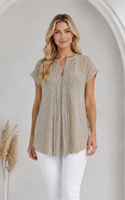 Max Studio Womens Geo Print Pleated V Neck Tunic Top Size Small Summer Chic