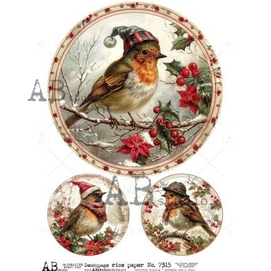 Christmas Bird Rounds #7315 | A4 Rice Paper | Paper for Decoupage | AB Studios