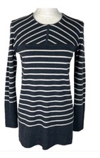 Tory Burch Gray/White Striped 100% Merino Wool Crewneck Tunic Sweater XL