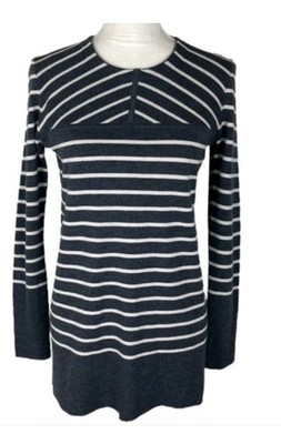 Tory Burch Gray/White Striped 100% Merino Wool Crewneck Tunic Sweater XL