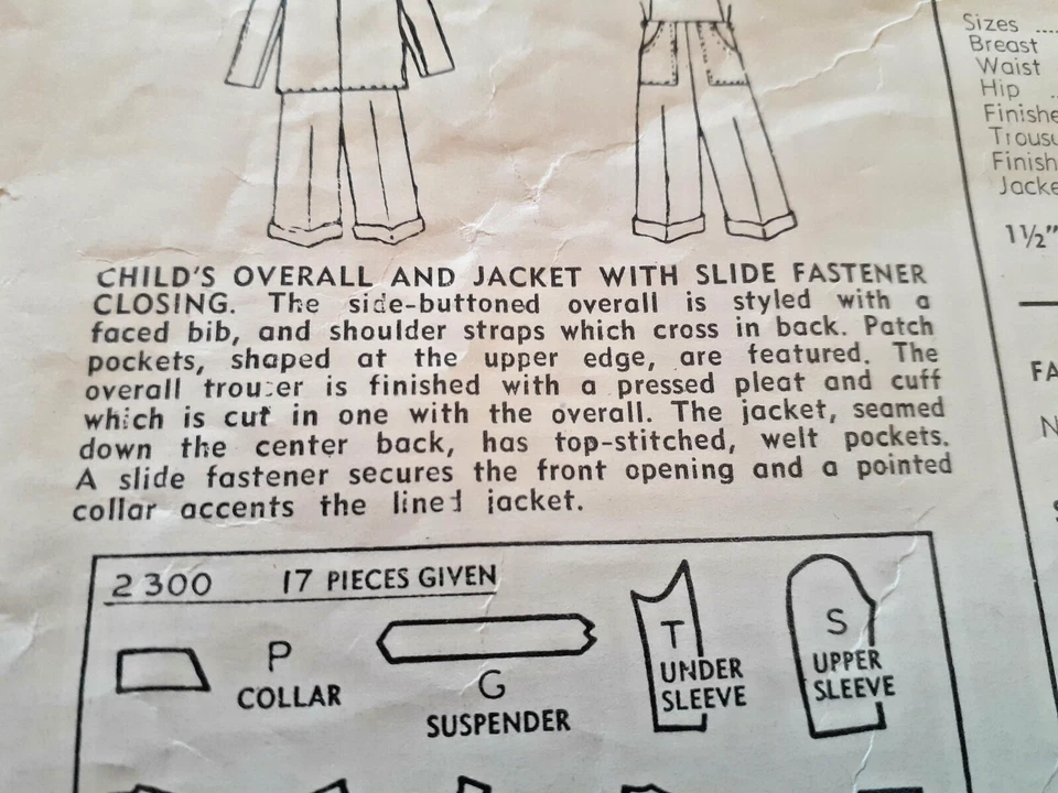 Simplicity 2300 Bib Overalls Jacket Bibs Sewing Pattern Boys Girls 3 3T VTG 50's - Image 4 of 4