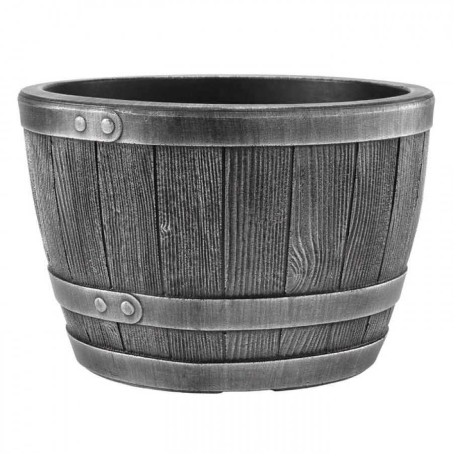 Stewart Garden Blenheim Wood Effect Plastic Half Barrel Planter 61cm - Pewter