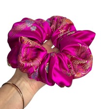 Large Hand Crafted Burrito Style hot pink oriental  Hair Scrunchie 