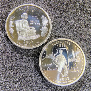 2003 S Proof Silver Statehood 25C's Alabama & Illinois 90% Silver BU