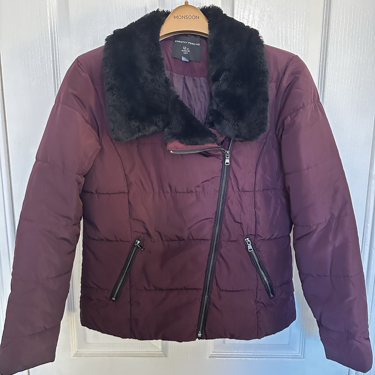 Dorothy Perkins puffer jacket burgundy faux fur collar size 12 coat Padded  Warm