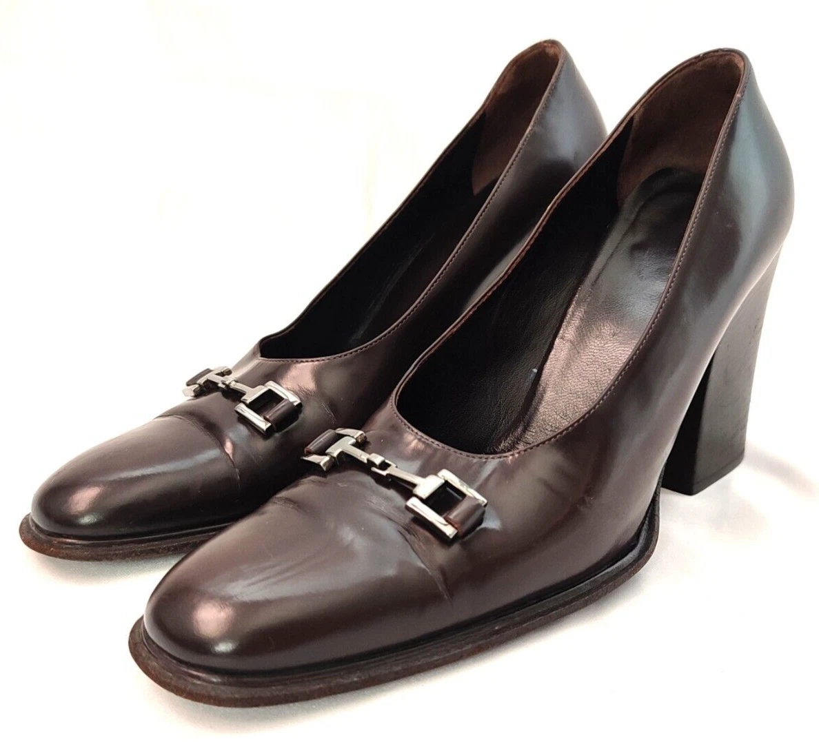 Escarpins GUCCI Horsebit marron cuir verni mocassins talons volumineux fabriqués en Italie Eu37