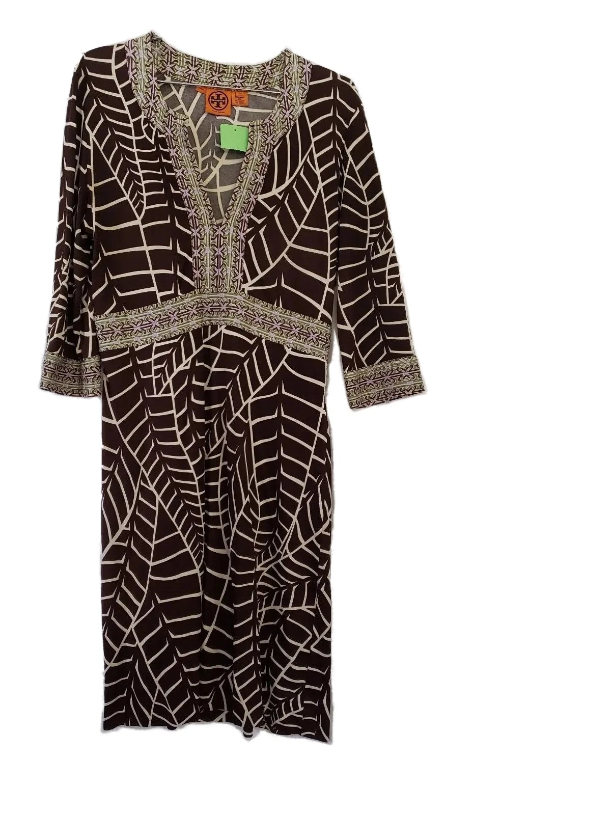 Abito Tory Burch marrone astratto stampa foglia di banana V quarto impero guaina di seta M
