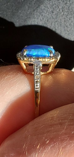 Blue Opal Labcreated Cushion Cabochon Cut & Diam Ring 10kt Solid Yellow Gold - Picture 6 of 12