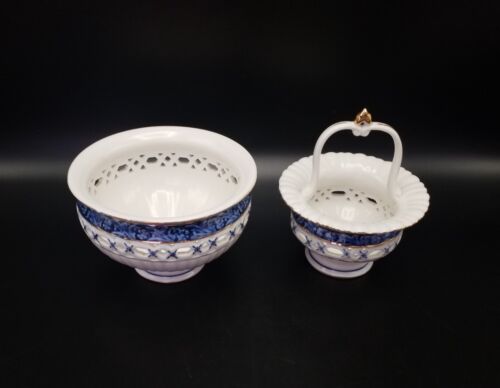Bone china blue & white reticulated small basket and bowl - Picture 1 of 11