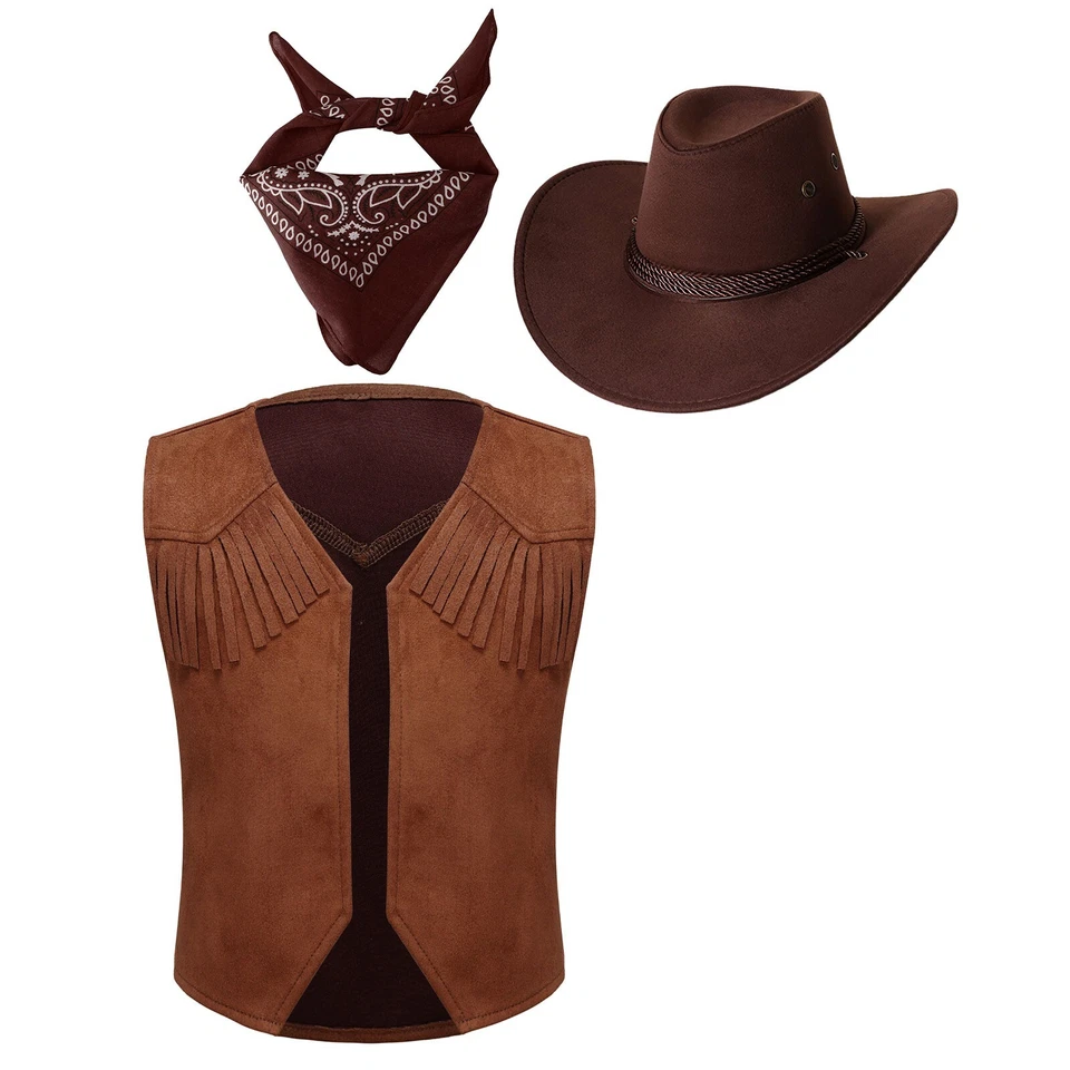 Unisex Kids Western Cowboy Outfit Vest with Bandanna Hat Sets Fancy Dress Up - Image 3 of 3