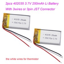 2x 3,7V 250mAh Bateria Li-Po 402035 Termistor JST 3-pinowe złącze (zestaw 2 szt.)  