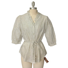 Vintage 70s Metallic Blouse Top Size L NWT Silver Ruffle Disco Deadstock