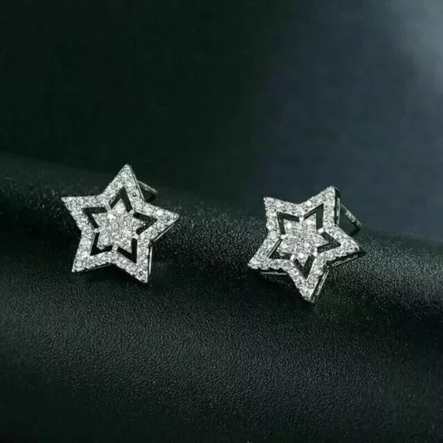 2CT Round-Cut Simulated Diamond Star-Shaped Stud Earrings in 14K White Gold Plating for Elegant Style