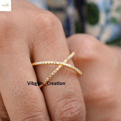 Pave Diamond Criss Cross Ring 14k Gold Plated 925 Sterling Silver Unisex Jewelry