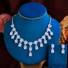 Gorgeous CZ Square Dangly Drop Tennis Necklace Earrings Lady Costume Jewelry Set