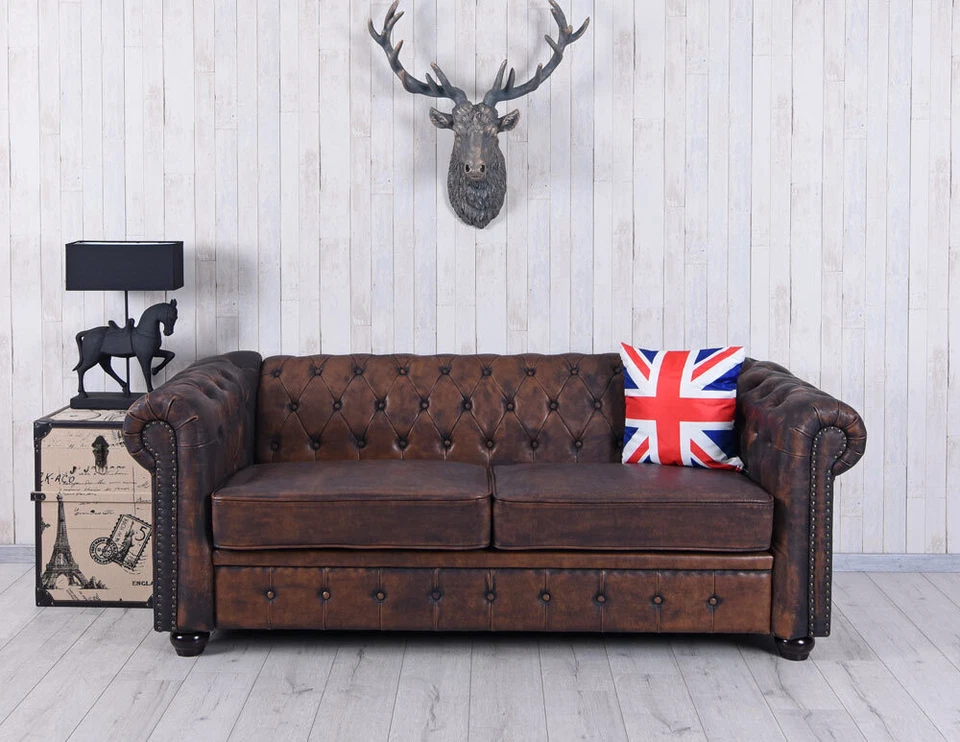 Englisches Sofa Chesterfield Dreisitzer Wohnlandschaft Couch Retro Kunstleder - Bild 2 von 4