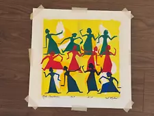 Vtg 1967 Sharon Niles Painting on Print Titled Nile Creatures w/ Figures Dancing