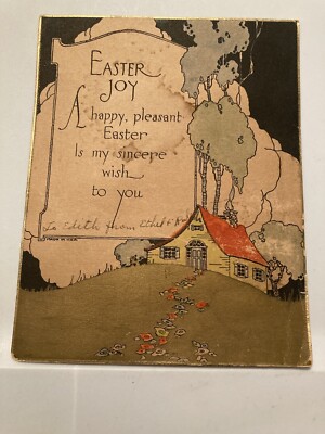Vtg 1920's Easter Greeting Card Gold Gilded, Stepping Stones to Cottage