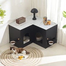 Modern Corner Cat Litter Box Cabinet For 2 Cats,Litter Box Furniture,Black/White