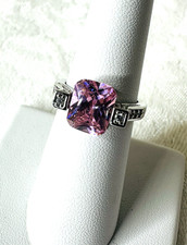 Sparkling Pink Crystal Ring Faceted Cut w/ 10 Cubic Zirconia Silver-tone Size 7