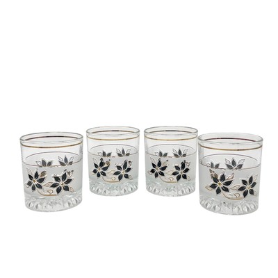 Vintage Decover Italy Black Gold Floral Barware Low Ball Whiskey Glass Set of 4