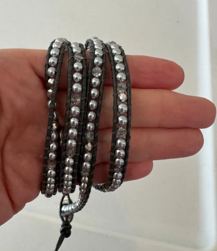 Chan Luu Wrap Silver and Faceted Beads Gray Leather Bracelet- Sterling Clasp EUC - Image 4 of 4