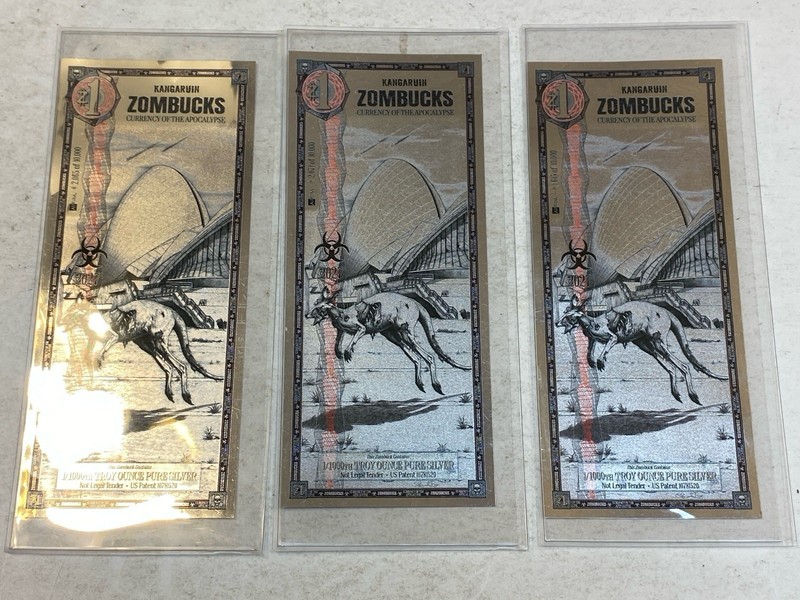 3 2027 ZOMBUCKS “Kangurian” Zombie Kangaroo Note 1/1000oz .999 Silver Notes