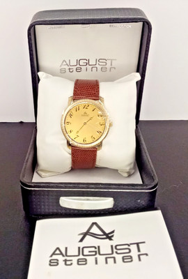 August Steiner Man's Watch Gold Colored Case, Brown Lizard Band, 40mm, Slim Case