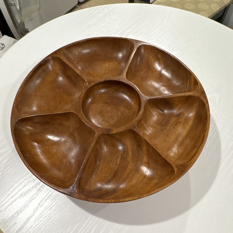 Mid Century Round Wood Divided Serving Tray 7-Compartment Lazy Susan
