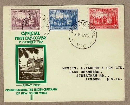 Australia 1937 NSW Sesqui Centenary FDC  Cover Melbourne to UK