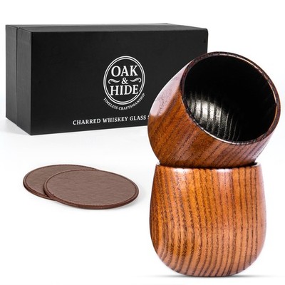 Oak & Hide Charred Oak Whiskey Glasses Wooden Set of 2 with 2 Premium Leather...