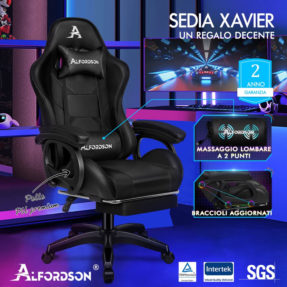 ALFORDSON Sedia Da Gaming Massaggiante, Sedia Da Ufficio Per Computer Con Poggiapiedi, Sedia Da Gaming Racing, Capacità Di Carico 180 Kg, Schienale Regolabile Da 90 A 150°, Tessuto, Grigio Impunture - Foto 3
