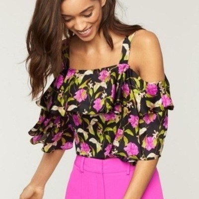 Milly Black Pink Floral Off the Shoulder Ruffled Blouse 3/4 Sleeves Size 4