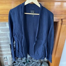 NIC ZOE Womens Sz L Navy Blue Linen Blend Open Front Cardigan Jacket Pockets